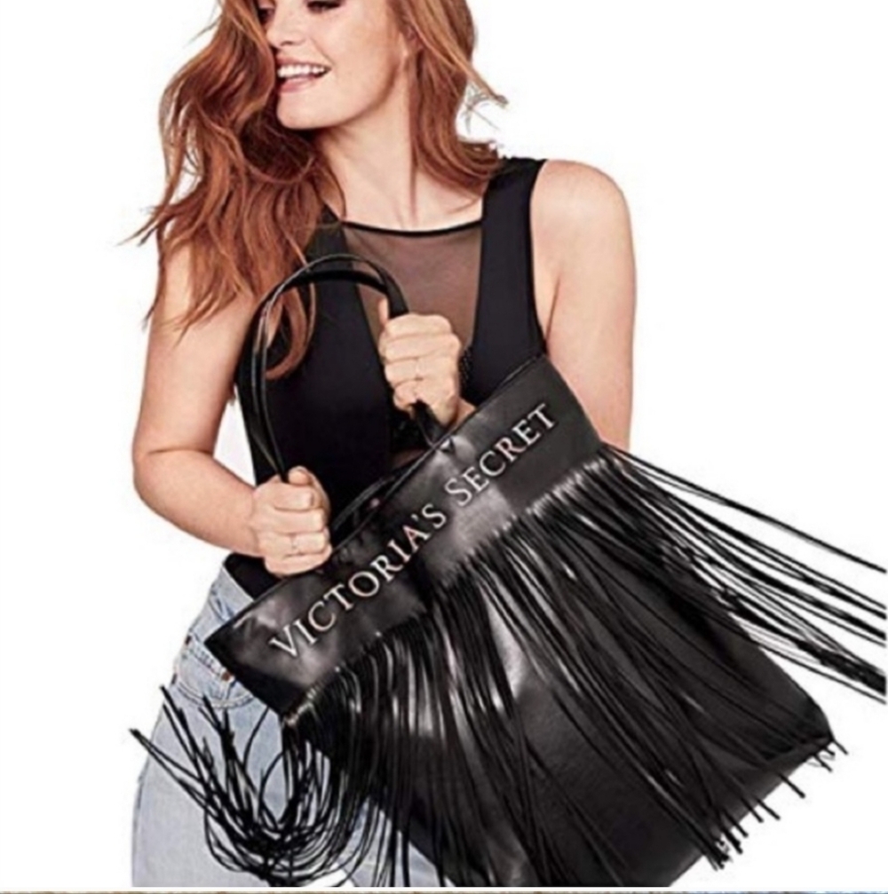 Victoria's Secret Love Victoria Black Fringe Tote Bag - Picture 1 of 9